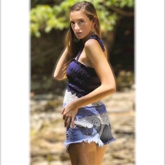 Lulumari Blue & Cream Bow Tie Strap Crochet Lace Top - Picture 5 of 9